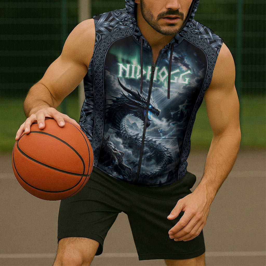 Dark Vikings Sleeveless Zip Hoodie Norse Dragon Nidhogg
