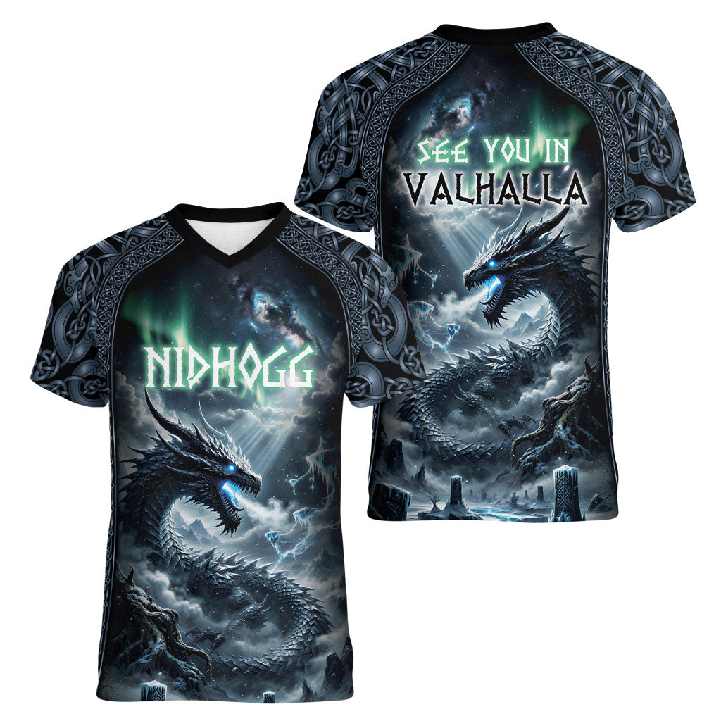 Dark Vikings Women V-Neck T-Shirt Norse Dragon Nidhogg