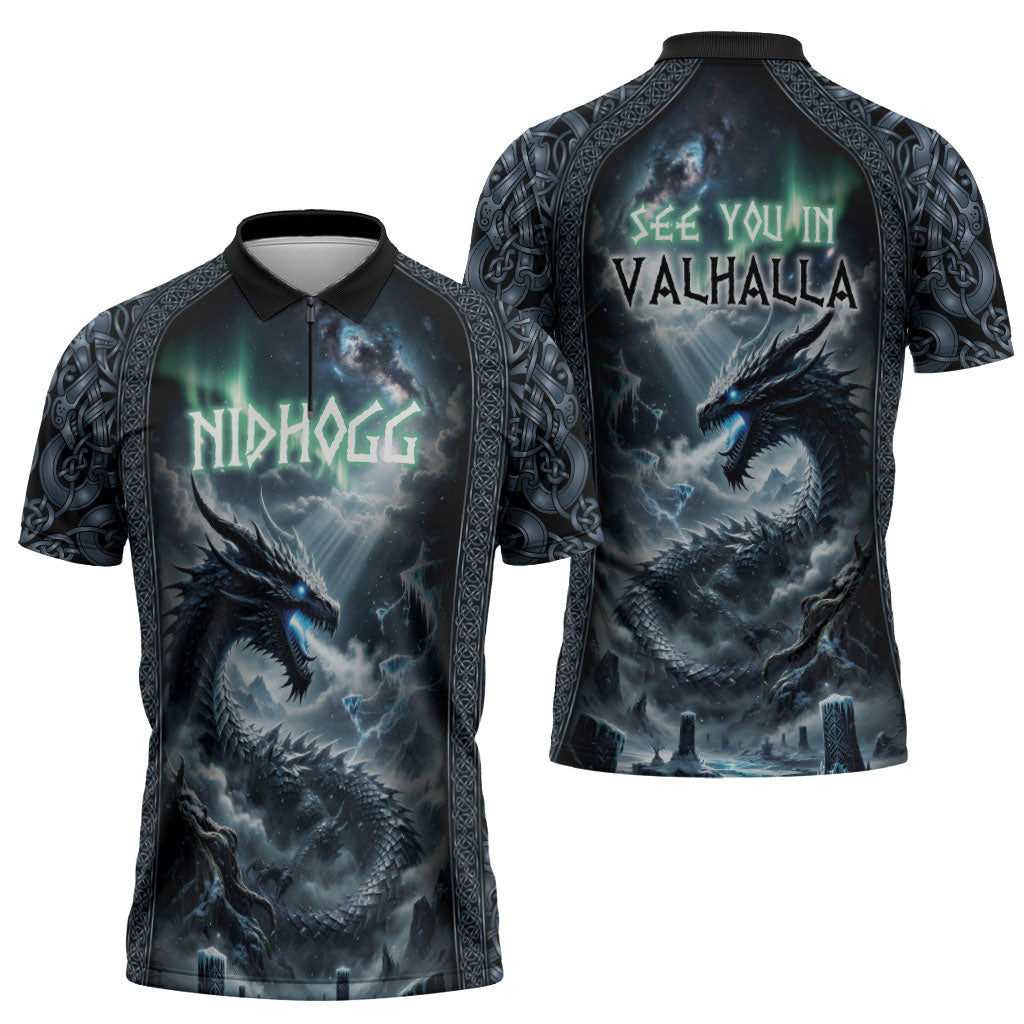 Dark Vikings Zipper Polo Shirt Norse Dragon Nidhogg