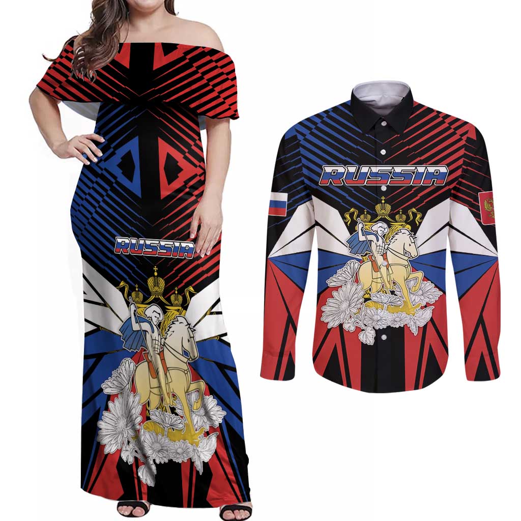 Personalized Russia Couples Matching Off Shoulder Maxi Dress and Long Sleeve Button Shirt Symbol Saint George Slaying The Dragon - Wonder Print Shop
