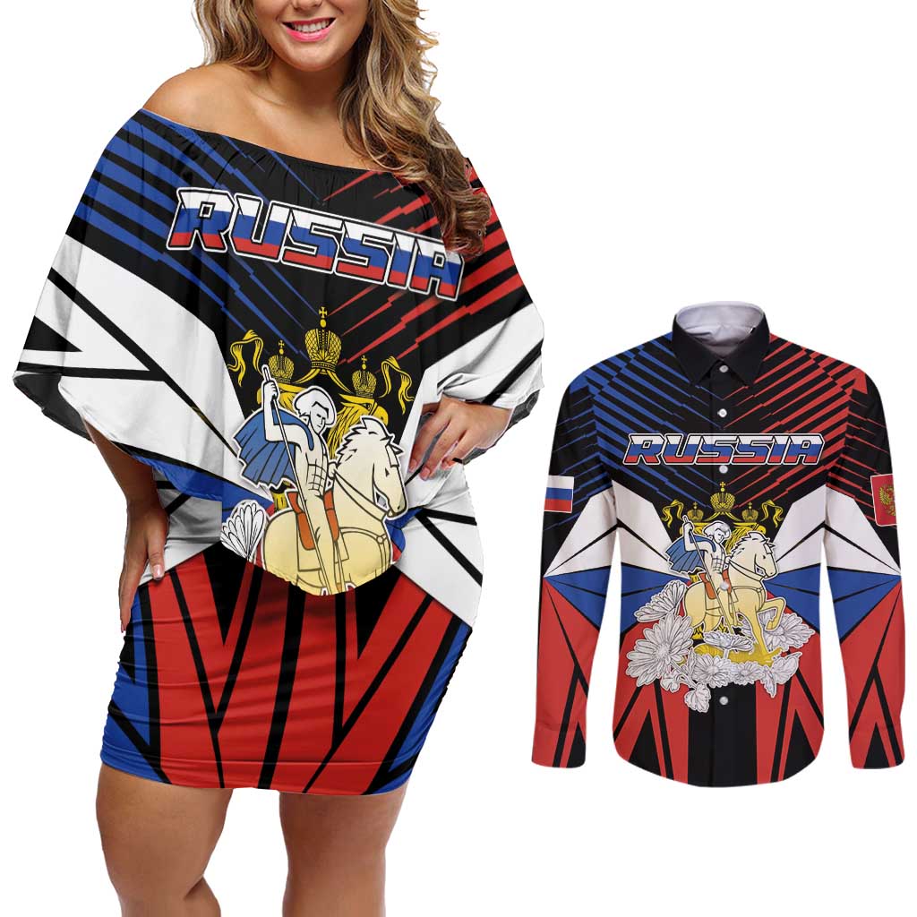 Personalized Russia Couples Matching Off Shoulder Short Dress and Long Sleeve Button Shirt Symbol Saint George Slaying The Dragon - Wonder Print Shop