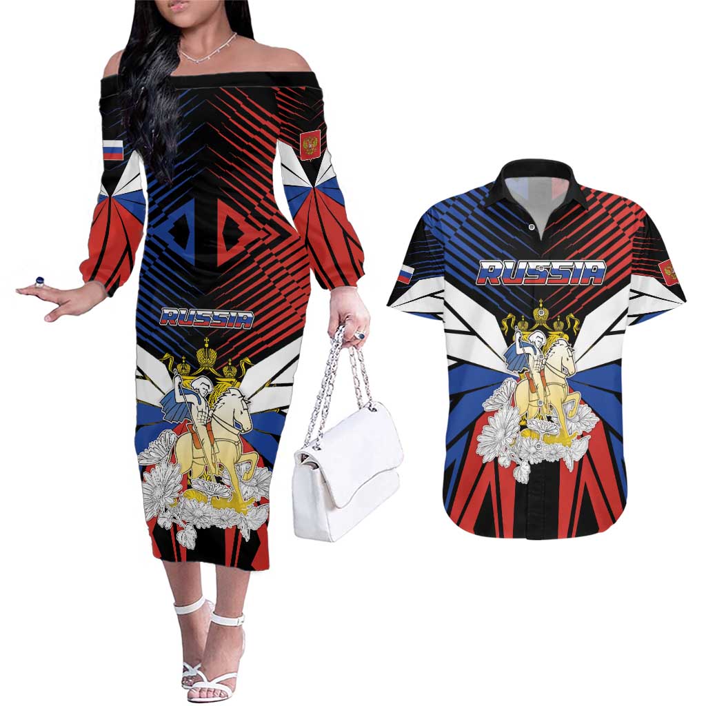 Personalized Russia Couples Matching Off The Shoulder Long Sleeve Dress and Hawaiian Shirt Symbol Saint George Slaying The Dragon - Wonder Print Shop