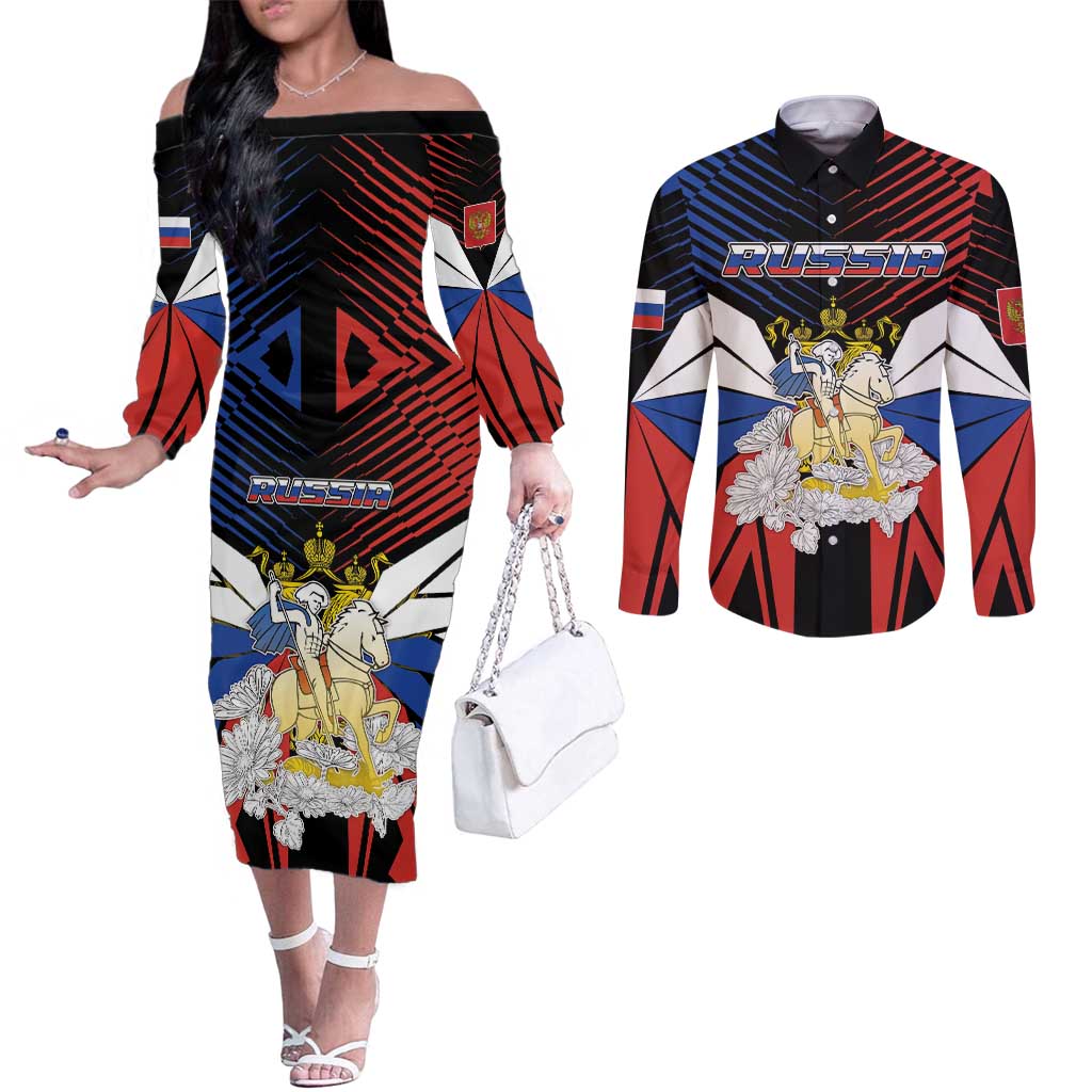 Personalized Russia Couples Matching Off The Shoulder Long Sleeve Dress and Long Sleeve Button Shirt Symbol Saint George Slaying The Dragon - Wonder Print Shop