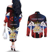 Personalized Russia Couples Matching Off The Shoulder Long Sleeve Dress and Long Sleeve Button Shirt Symbol Saint George Slaying The Dragon - Wonder Print Shop