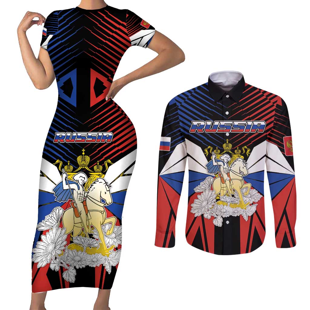 Personalized Russia Couples Matching Short Sleeve Bodycon Dress and Long Sleeve Button Shirt Symbol Saint George Slaying The Dragon - Wonder Print Shop