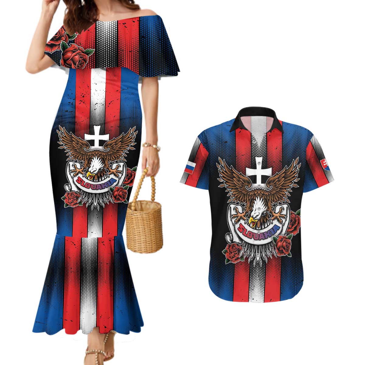 Personalized Slovakia Couples Matching Mermaid Dress and Hawaiian Shirt The Eagle Double Cross Symbol - Wonder Print Shop