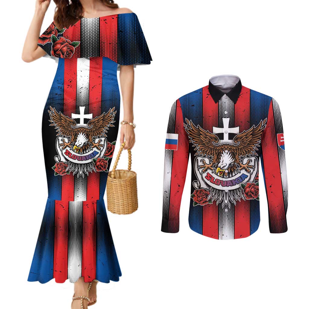 Personalized Slovakia Couples Matching Mermaid Dress and Long Sleeve Button Shirt The Eagle Double Cross Symbol - Wonder Print Shop