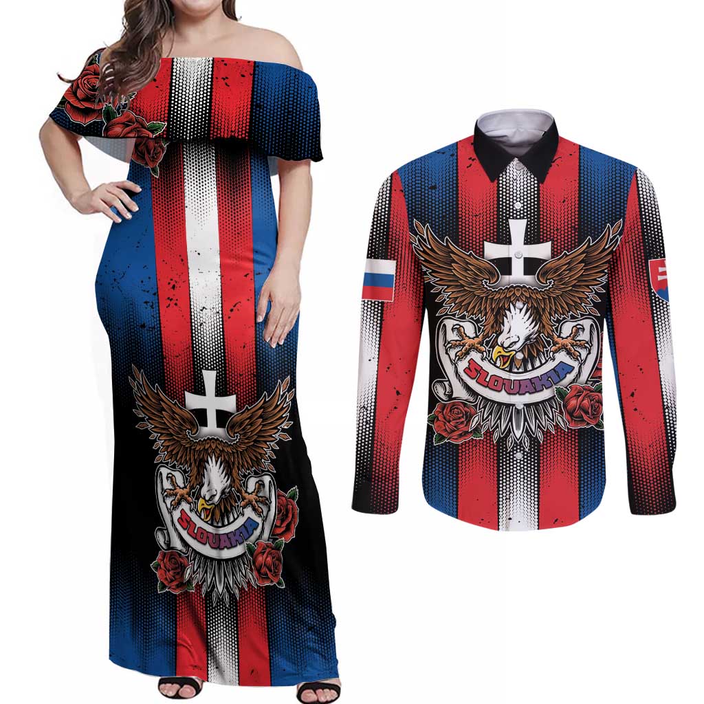 Personalized Slovakia Couples Matching Off Shoulder Maxi Dress and Long Sleeve Button Shirt The Eagle Double Cross Symbol - Wonder Print Shop