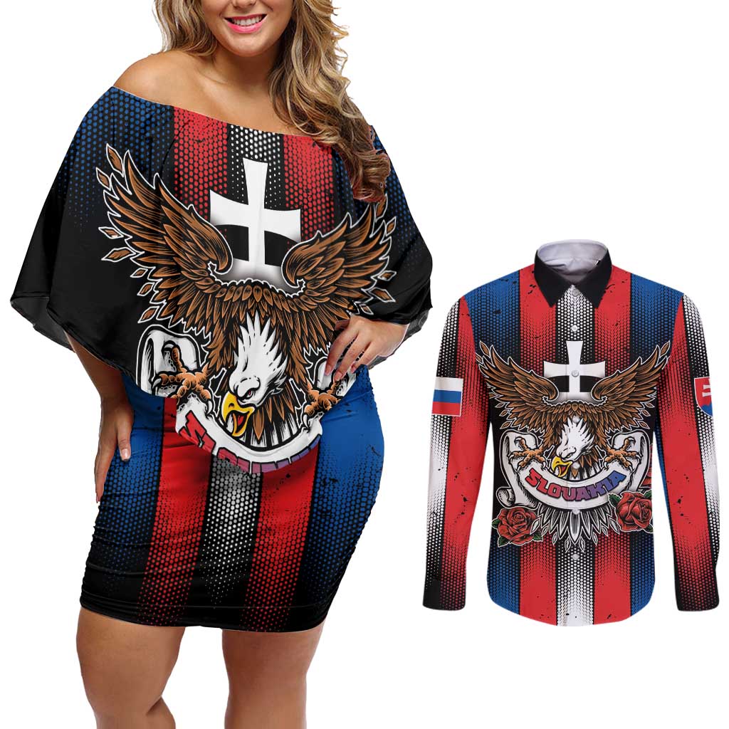 Personalized Slovakia Couples Matching Off Shoulder Short Dress and Long Sleeve Button Shirt The Eagle Double Cross Symbol - Wonder Print Shop