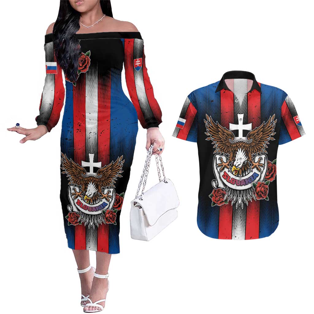 Personalized Slovakia Couples Matching Off The Shoulder Long Sleeve Dress and Hawaiian Shirt The Eagle Double Cross Symbol - Wonder Print Shop