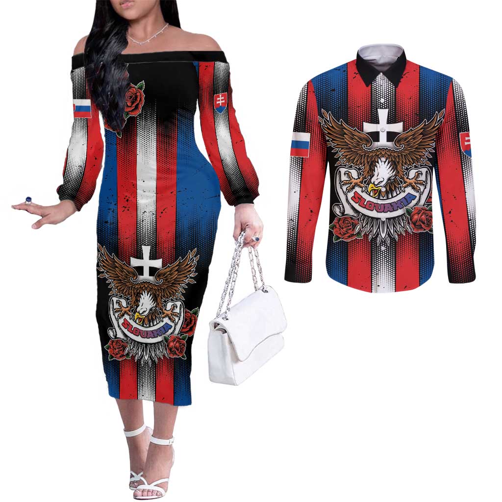 Personalized Slovakia Couples Matching Off The Shoulder Long Sleeve Dress and Long Sleeve Button Shirt The Eagle Double Cross Symbol - Wonder Print Shop
