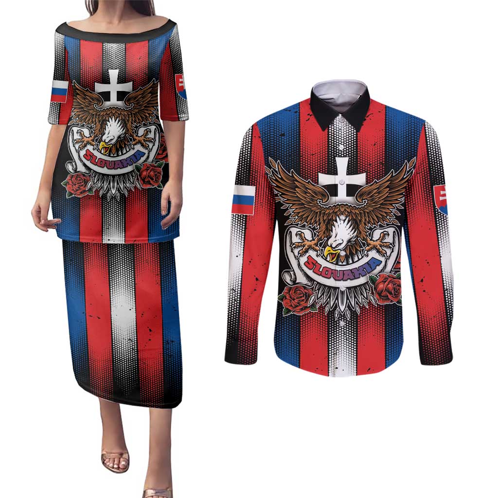 Personalized Slovakia Couples Matching Puletasi and Long Sleeve Button Shirt The Eagle Double Cross Symbol - Wonder Print Shop