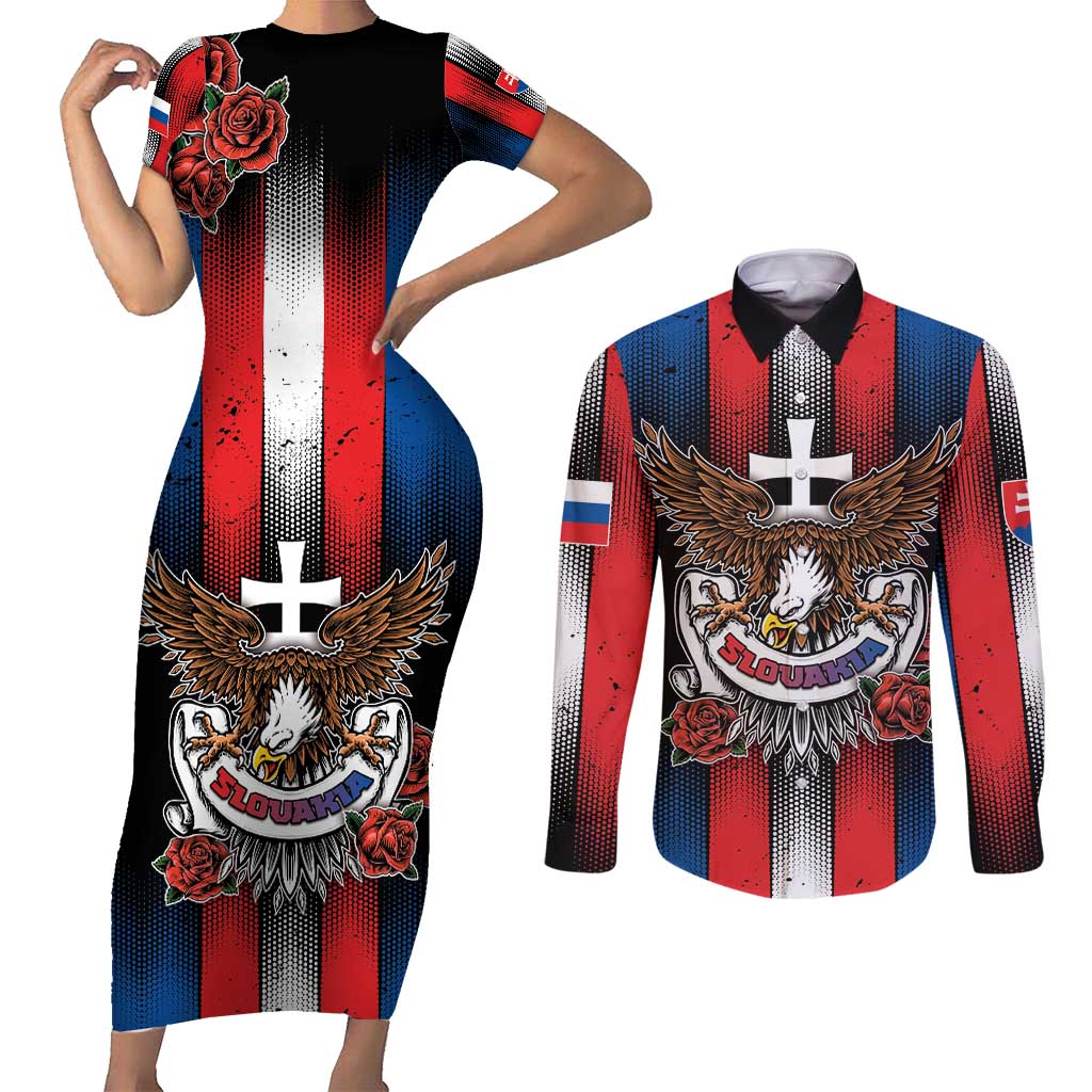 Personalized Slovakia Couples Matching Short Sleeve Bodycon Dress and Long Sleeve Button Shirt The Eagle Double Cross Symbol - Wonder Print Shop