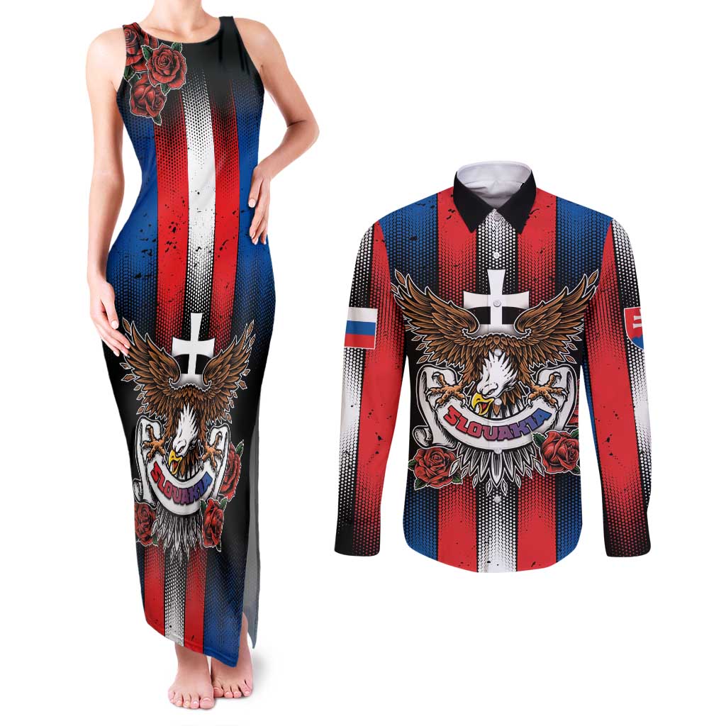 Personalized Slovakia Couples Matching Tank Maxi Dress and Long Sleeve Button Shirt The Eagle Double Cross Symbol - Wonder Print Shop