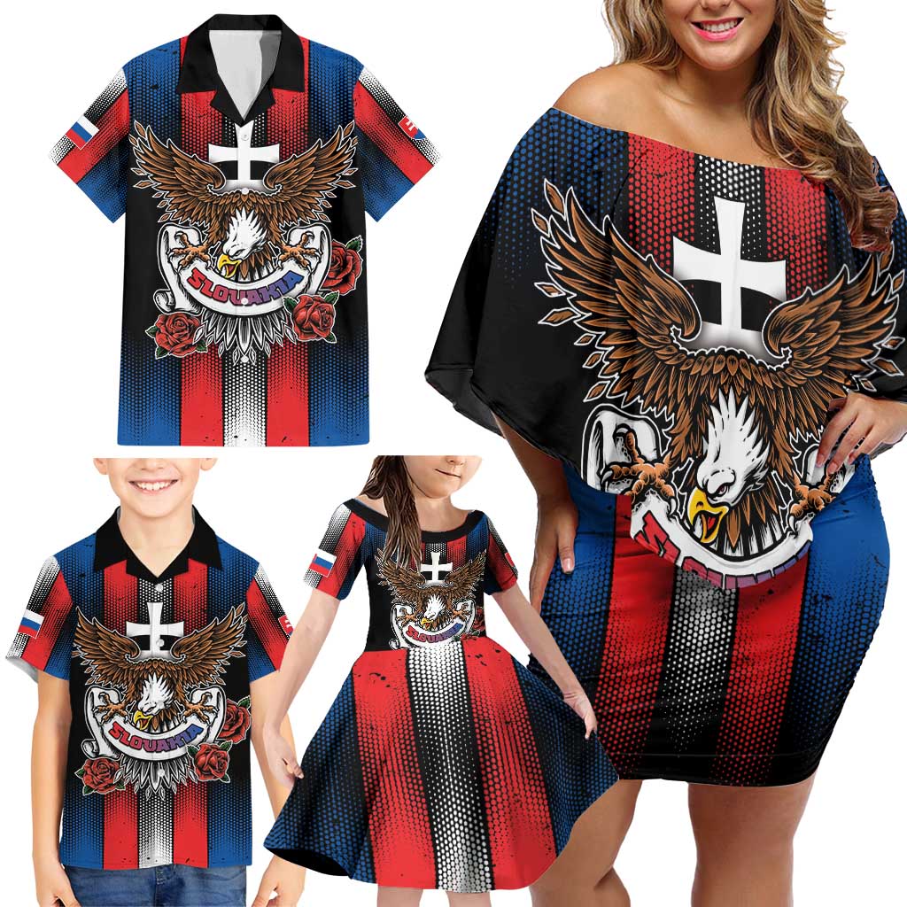 Personalized Slovakia Family Matching Off Shoulder Short Dress and Hawaiian Shirt The Eagle Double Cross Symbol - Wonder Print Shop
