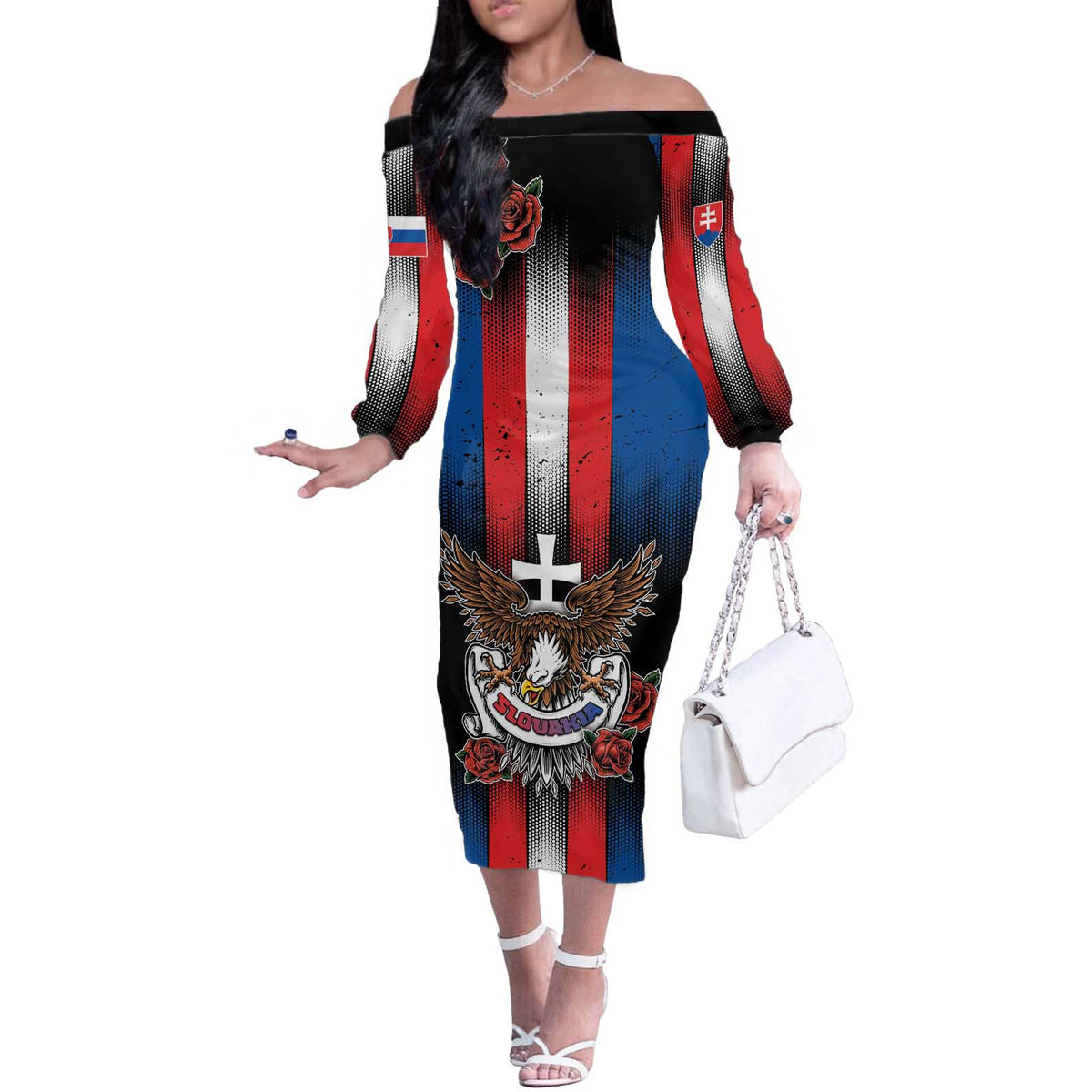 Personalized Slovakia Off The Shoulder Long Sleeve Dress The Eagle Double Cross Symbol - Wonder Print Shop