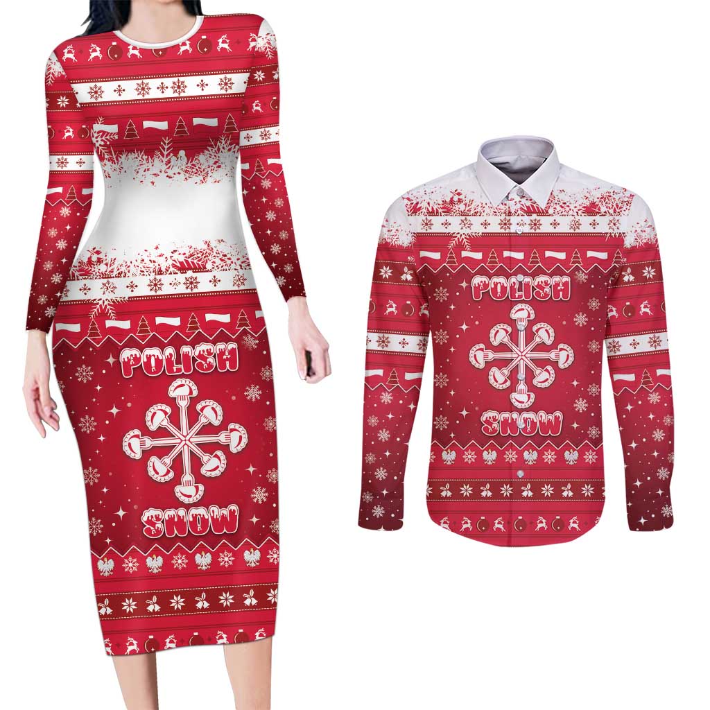 Poland Christmas Couples Matching Long Sleeve Bodycon Dress and Long Sleeve Button Shirt Pierogi Polish Snow - Wonder Print Shop