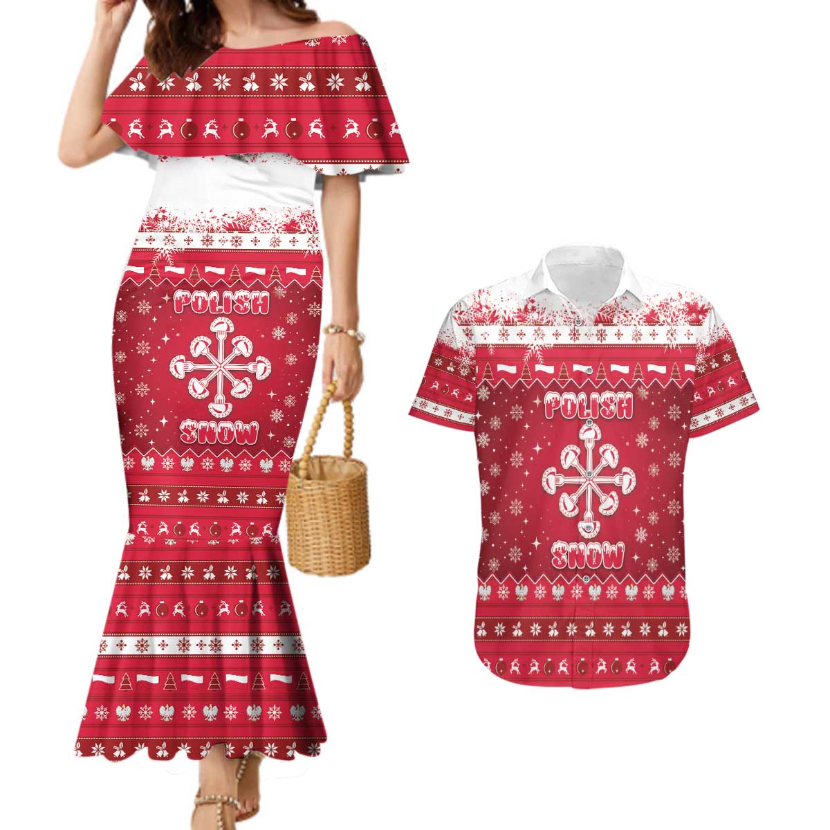Poland Christmas Couples Matching Mermaid Dress and Hawaiian Shirt Pierogi Polish Snow - Wonder Print Shop