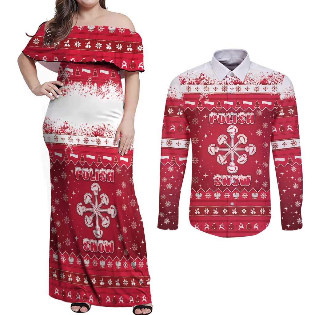 Poland Christmas Couples Matching Off Shoulder Maxi Dress and Long Sleeve Button Shirt Pierogi Polish Snow - Wonder Print Shop