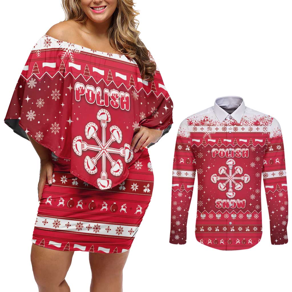 Poland Christmas Couples Matching Off Shoulder Short Dress and Long Sleeve Button Shirt Pierogi Polish Snow - Wonder Print Shop