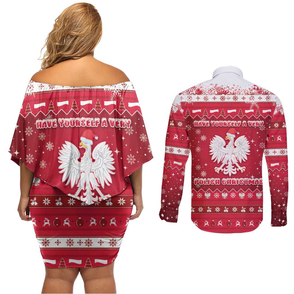 Poland Christmas Couples Matching Off Shoulder Short Dress and Long Sleeve Button Shirt Pierogi Polish Snow - Wonder Print Shop