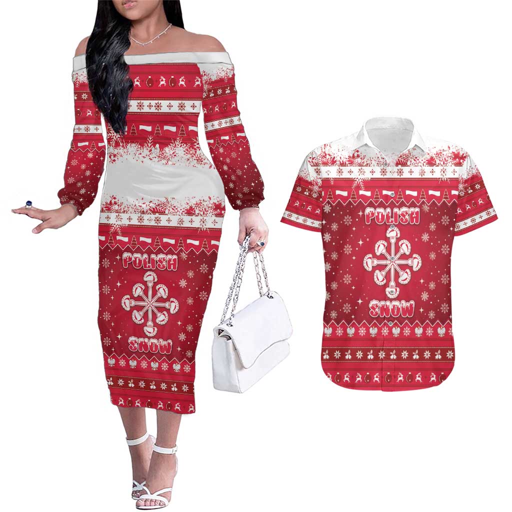 Poland Christmas Couples Matching Off The Shoulder Long Sleeve Dress and Hawaiian Shirt Pierogi Polish Snow - Wonder Print Shop
