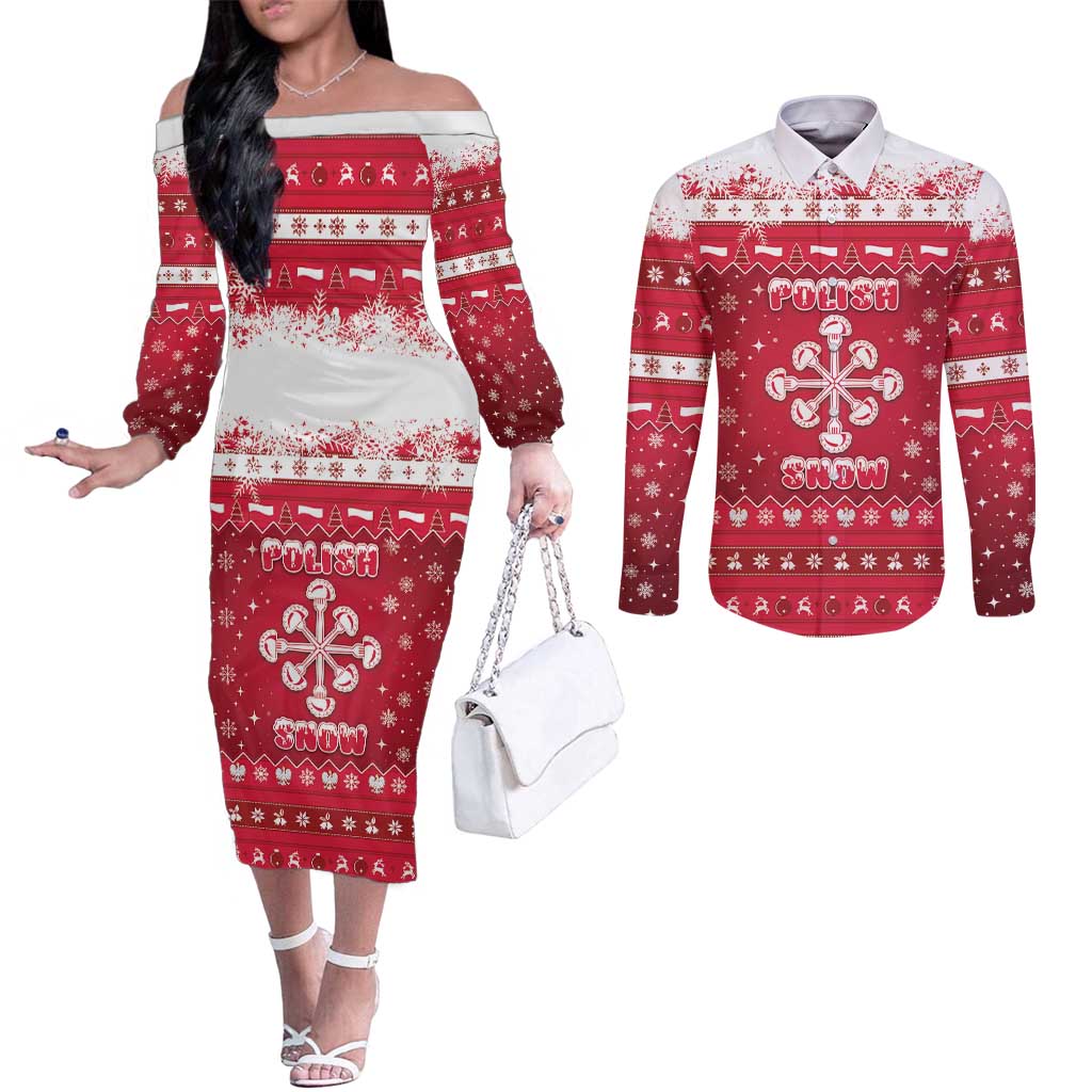 Poland Christmas Couples Matching Off The Shoulder Long Sleeve Dress and Long Sleeve Button Shirt Pierogi Polish Snow - Wonder Print Shop