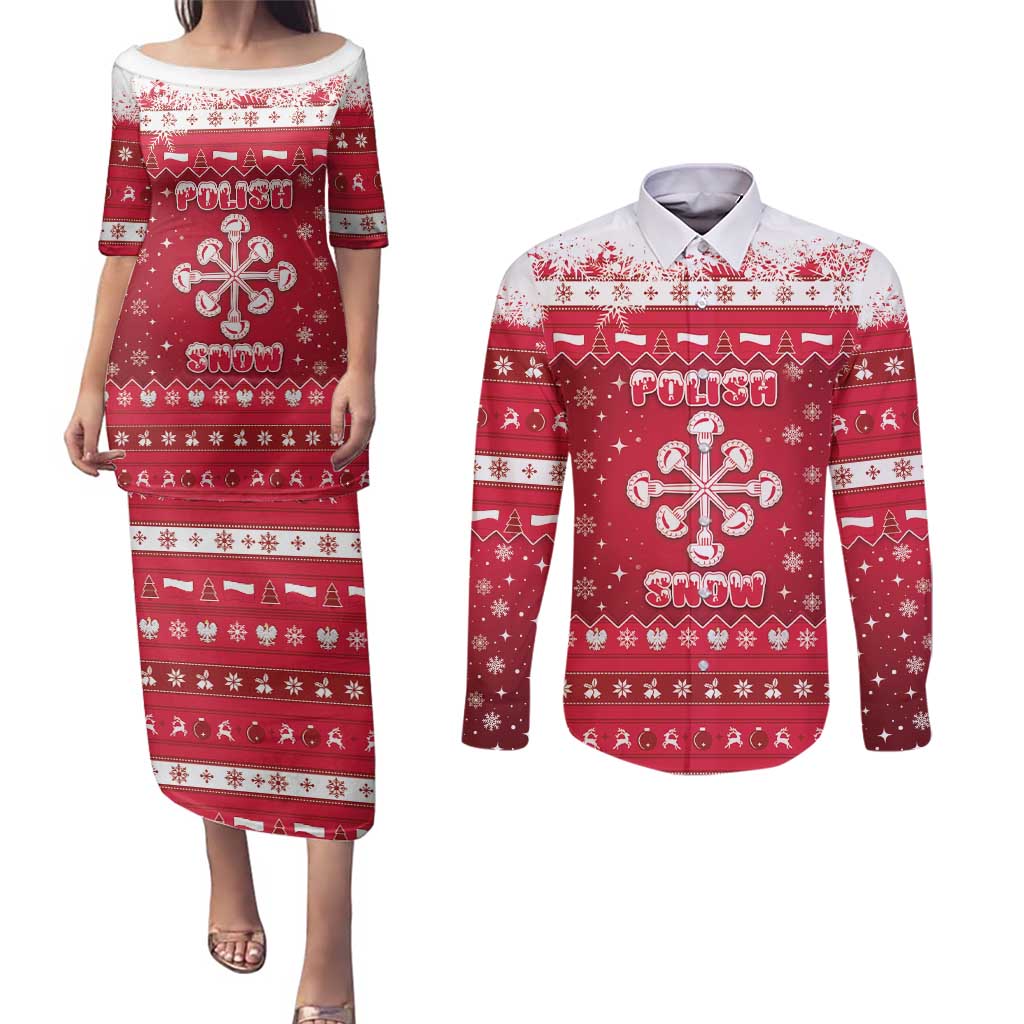 Poland Christmas Couples Matching Puletasi and Long Sleeve Button Shirt Pierogi Polish Snow - Wonder Print Shop