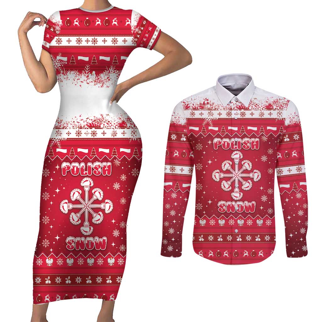 Poland Christmas Couples Matching Short Sleeve Bodycon Dress and Long Sleeve Button Shirt Pierogi Polish Snow - Wonder Print Shop