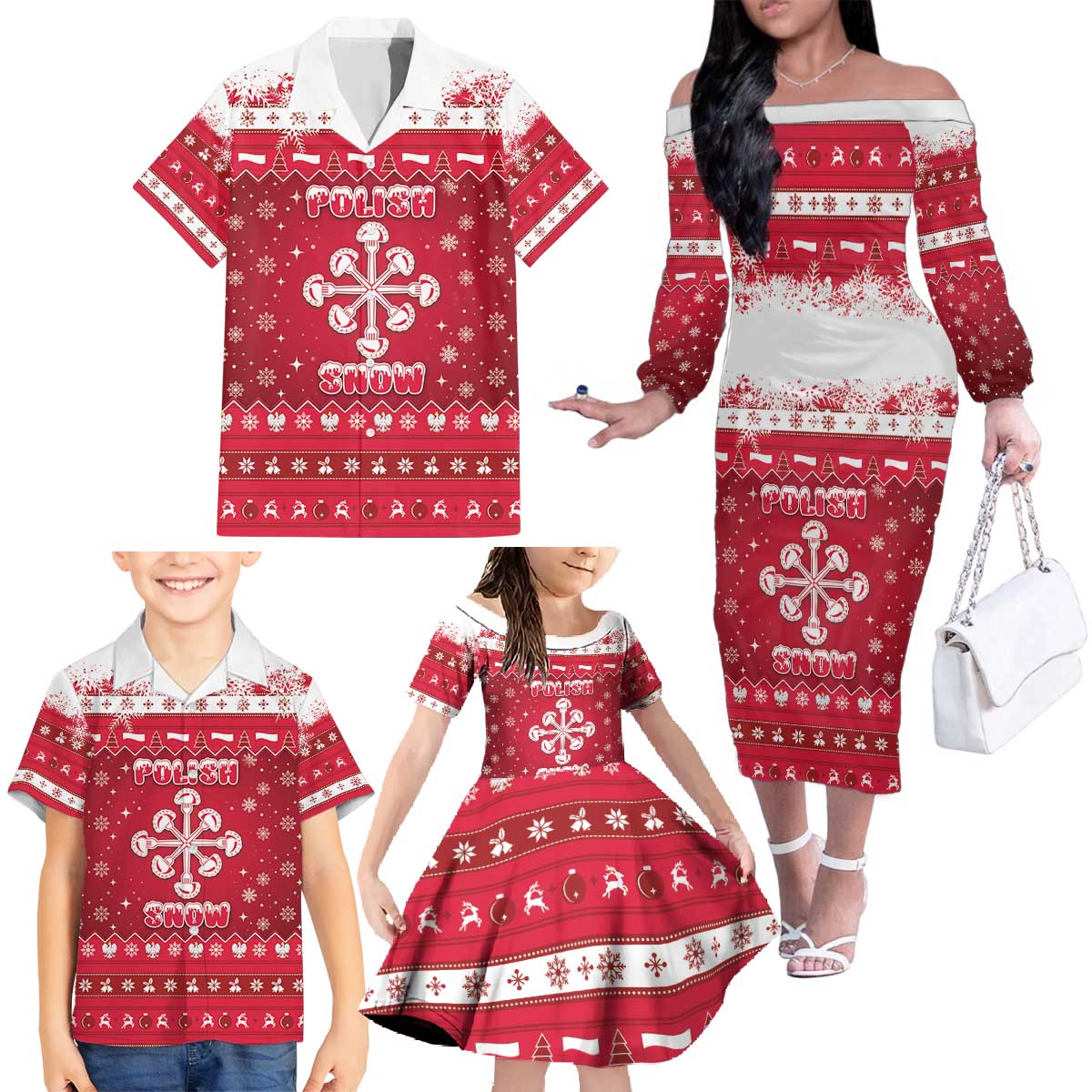 Poland Christmas Family Matching Off The Shoulder Long Sleeve Dress and Hawaiian Shirt Pierogi Polish Snow - Wonder Print Shop