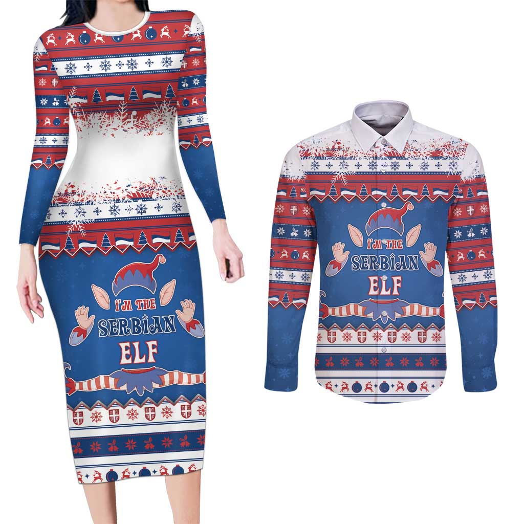 Serbia Christmas Couples Matching Long Sleeve Bodycon Dress and Long Sleeve Button Shirt I Am The Serbian Elf - Wonder Print Shop
