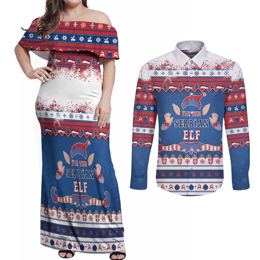 Serbia Christmas Couples Matching Off Shoulder Maxi Dress and Long Sleeve Button Shirt I Am The Serbian Elf - Wonder Print Shop