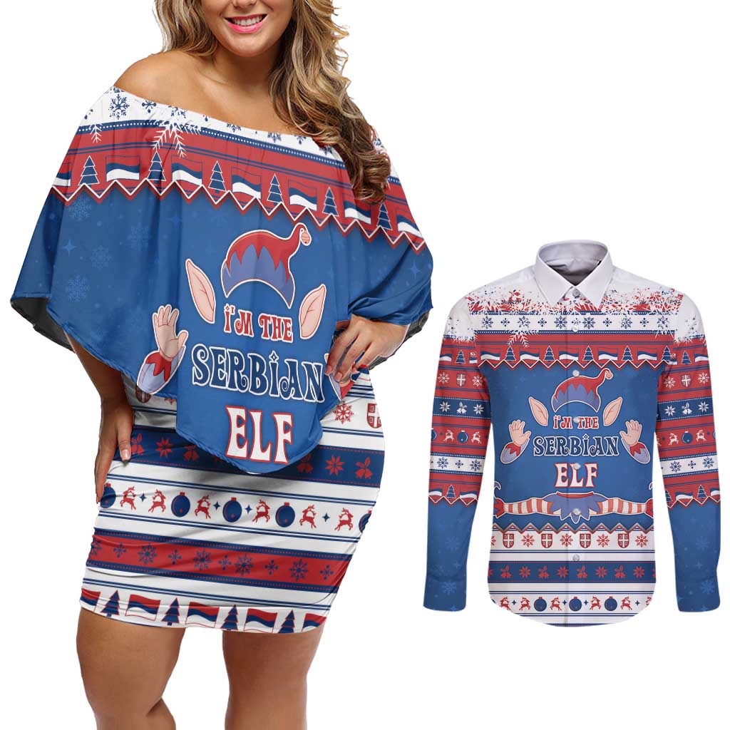 Serbia Christmas Couples Matching Off Shoulder Short Dress and Long Sleeve Button Shirt I Am The Serbian Elf - Wonder Print Shop