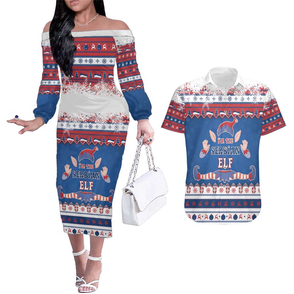 Serbia Christmas Couples Matching Off The Shoulder Long Sleeve Dress and Hawaiian Shirt I Am The Serbian Elf - Wonder Print Shop