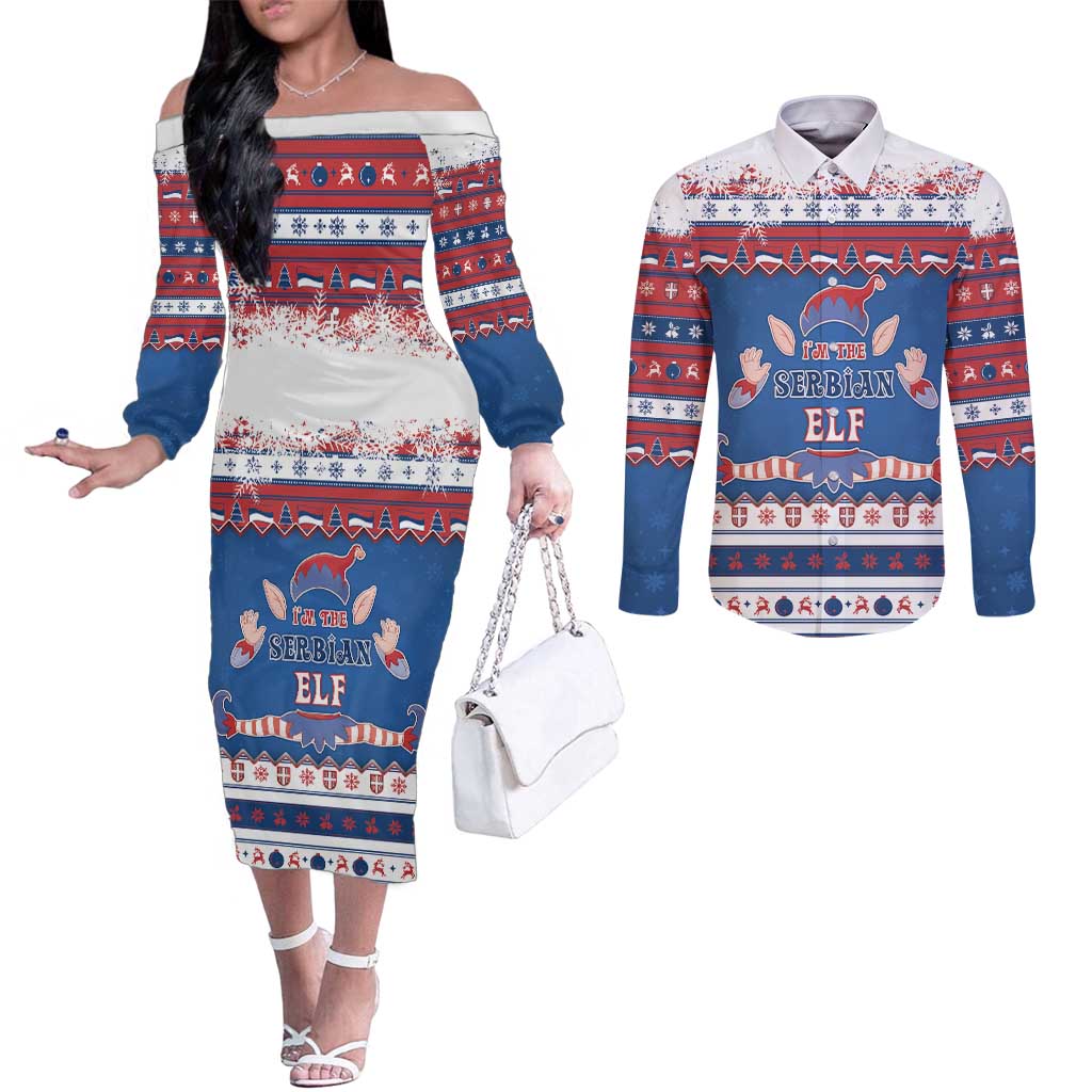 Serbia Christmas Couples Matching Off The Shoulder Long Sleeve Dress and Long Sleeve Button Shirt I Am The Serbian Elf - Wonder Print Shop