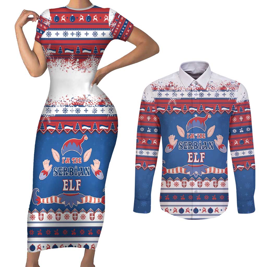 Serbia Christmas Couples Matching Short Sleeve Bodycon Dress and Long Sleeve Button Shirt I Am The Serbian Elf - Wonder Print Shop