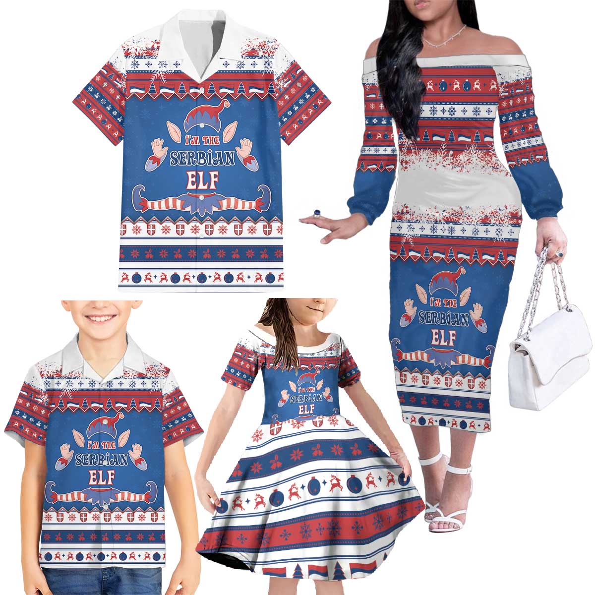 Serbia Christmas Family Matching Off The Shoulder Long Sleeve Dress and Hawaiian Shirt I Am The Serbian Elf - Wonder Print Shop