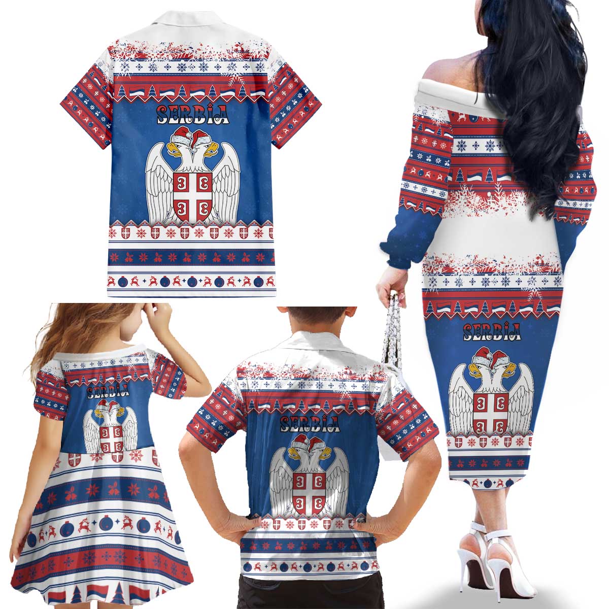 Serbia Christmas Family Matching Off The Shoulder Long Sleeve Dress and Hawaiian Shirt I Am The Serbian Elf - Wonder Print Shop