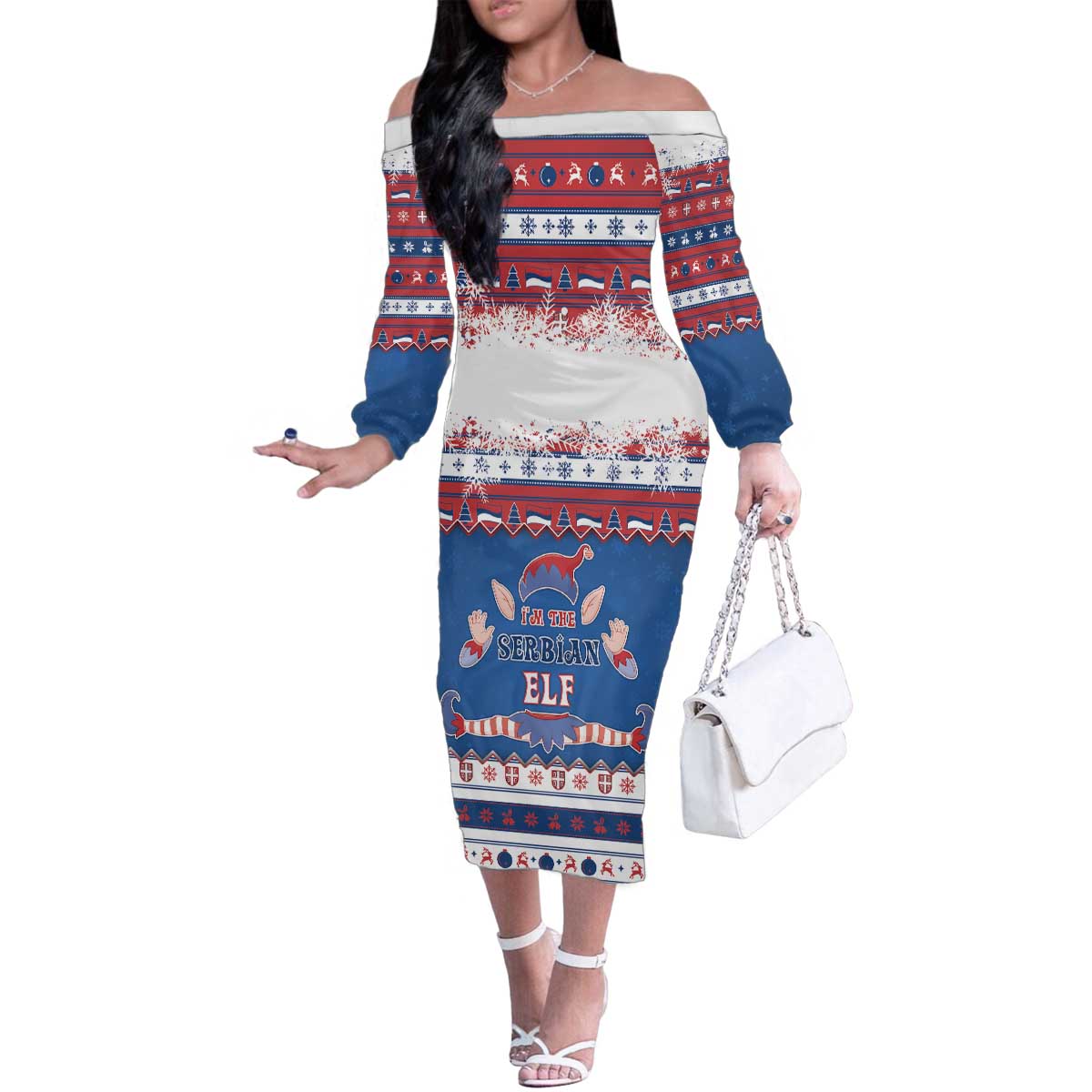 Serbia Christmas Family Matching Off The Shoulder Long Sleeve Dress and Hawaiian Shirt I Am The Serbian Elf - Wonder Print Shop