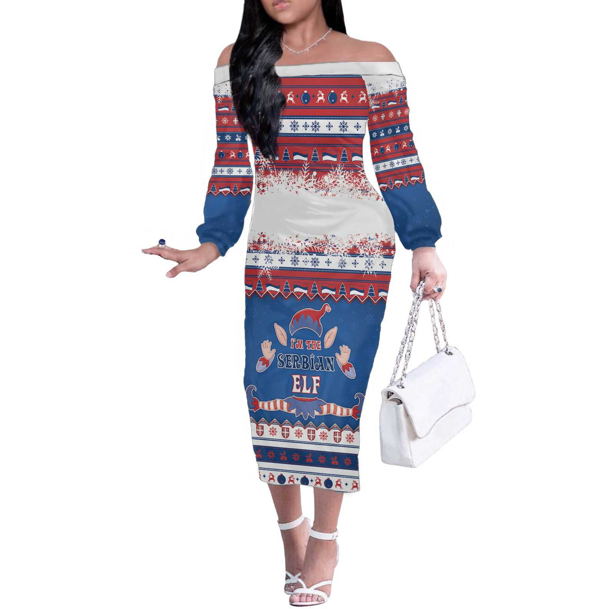 Serbia Christmas Off The Shoulder Long Sleeve Dress I Am The Serbian Elf - Wonder Print Shop
