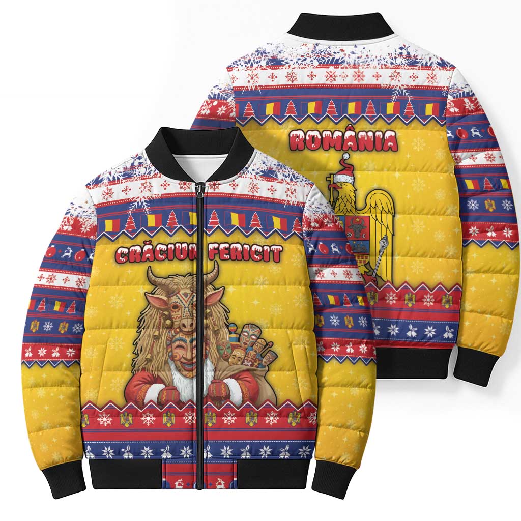 Romania Christmas Bomber Puffer Jacket Romanian Masked Santa - Wonder Print Shop