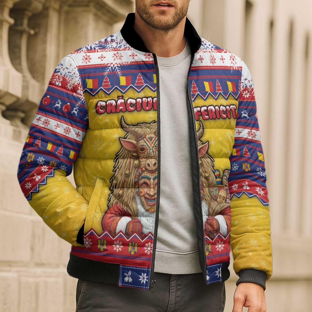 Romania Christmas Bomber Puffer Jacket Romanian Masked Santa - Wonder Print Shop