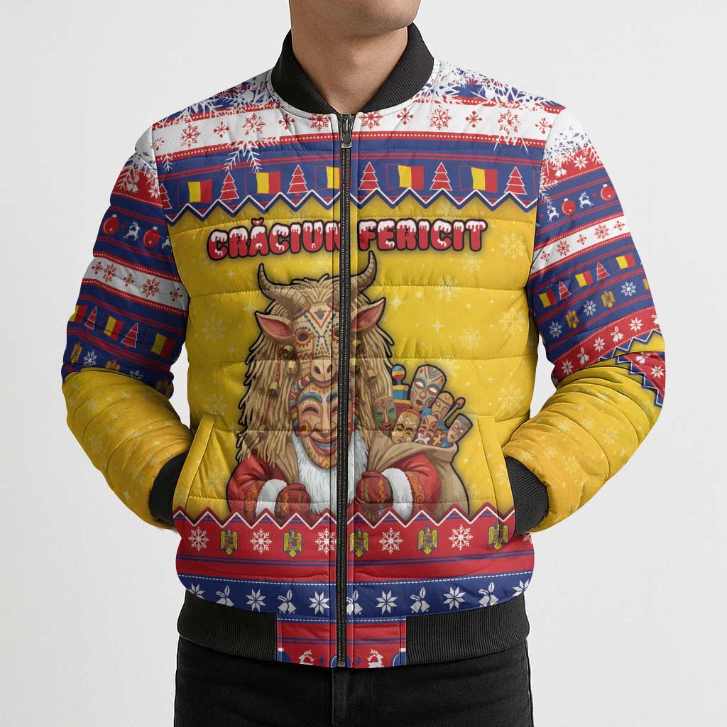 Romania Christmas Bomber Puffer Jacket Romanian Masked Santa - Wonder Print Shop