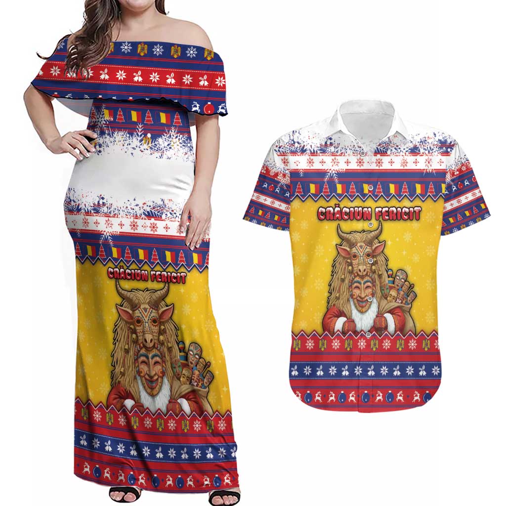 Romania Christmas Couples Matching Off Shoulder Maxi Dress and Hawaiian Shirt Romanian Masked Santa - Wonder Print Shop