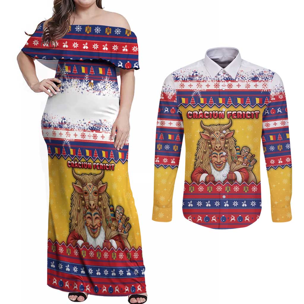 Romania Christmas Couples Matching Off Shoulder Maxi Dress and Long Sleeve Button Shirt Romanian Masked Santa - Wonder Print Shop