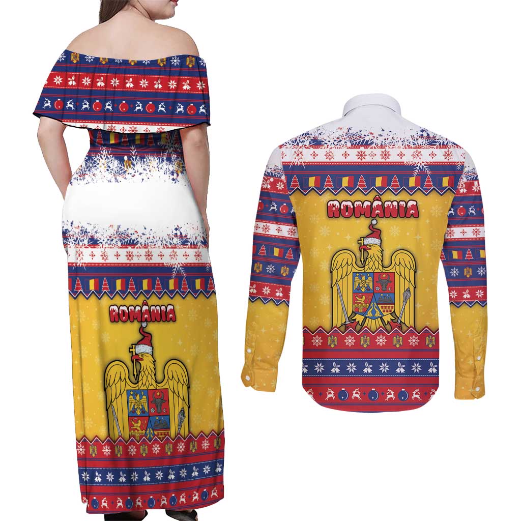 Romania Christmas Couples Matching Off Shoulder Maxi Dress and Long Sleeve Button Shirt Romanian Masked Santa - Wonder Print Shop
