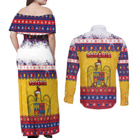 Romania Christmas Couples Matching Off Shoulder Maxi Dress and Long Sleeve Button Shirt Romanian Masked Santa - Wonder Print Shop
