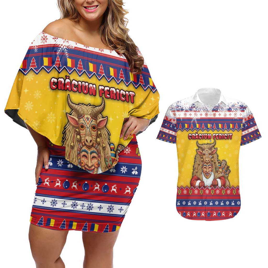 Romania Christmas Couples Matching Off Shoulder Short Dress and Hawaiian Shirt Romanian Masked Santa - Wonder Print Shop