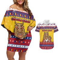 Romania Christmas Couples Matching Off Shoulder Short Dress and Hawaiian Shirt Romanian Masked Santa - Wonder Print Shop
