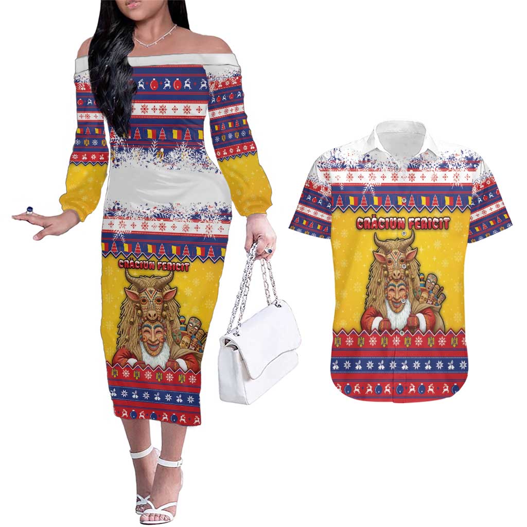Romania Christmas Couples Matching Off The Shoulder Long Sleeve Dress and Hawaiian Shirt Romanian Masked Santa - Wonder Print Shop